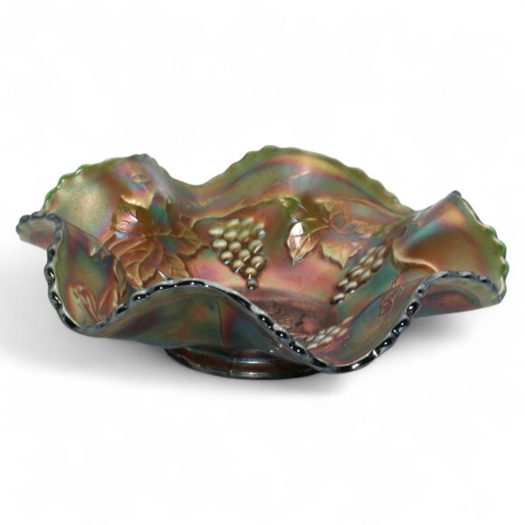Vintage Fenton Carnival Glass Grape & Vine Ruffled Bowl - Picture 2 of 5